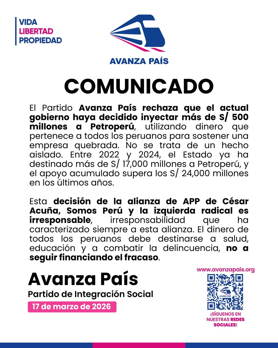 AvanzaPais_Peru's tweet image. Comunicado de Avanza País con relación a Petroperú.

#AvanzaPais #petroperu #Petroperú