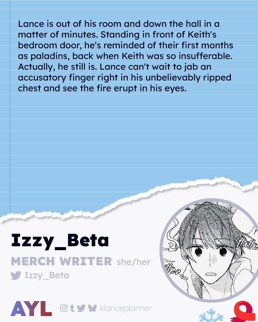 klanceplanner's tweet photo. 🌈CONTRIBUTOR SPOTLIGHT

You thought we were done? Not yet! We still have a few amazing people to introduce, like today's writer: the fantastic @Izzy_Beta ! 🌟💞

#klance #vld #voltron #keithkogane #lancemcclain #klanceplanner https://t.co/QTk6pFkhjA