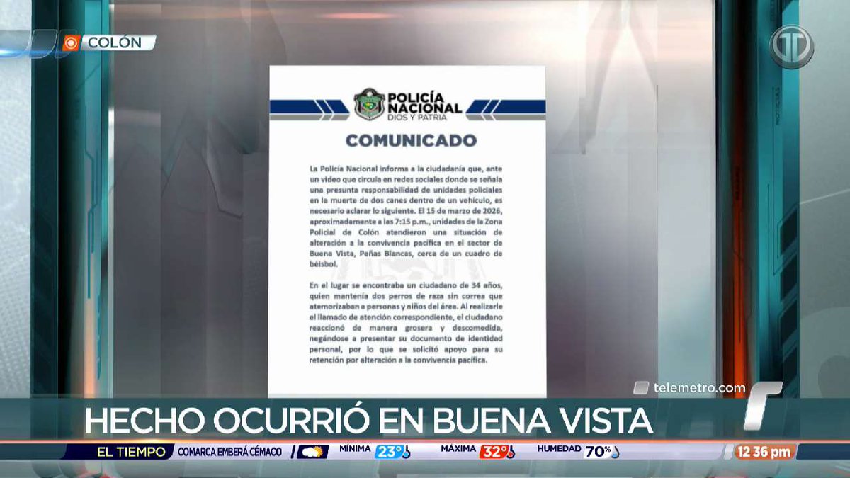TReporta's tweet photo. Dos perros murieron por asfixia tras quedar durante seis dentro de un auto, luego que su dueño fuera trasladado hacia la estación policial de Buena Vista, en Colón, por supuestamente alterar el orden público.

La Policía Nacional emitió un comunicado asegurando que sus unidades "no tuvieron contacto alguno con los animales ni con el vehículo", y rechaza las versiones que le atribuyen responsabilidad por su muerte.