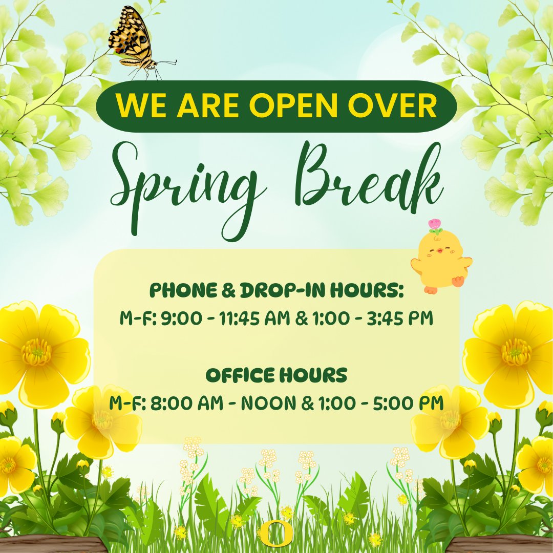 UOregonFinAid's tweet image. Incluso durante las vacaciones de primavera, te tenemos cubierto 🦆 ¡Visítanos durante nuestro horario de vacaciones de primavera! ¡Estamos aquí para ayudarte con cualquier pregunta! #uoregon #OSFAS #springbreak