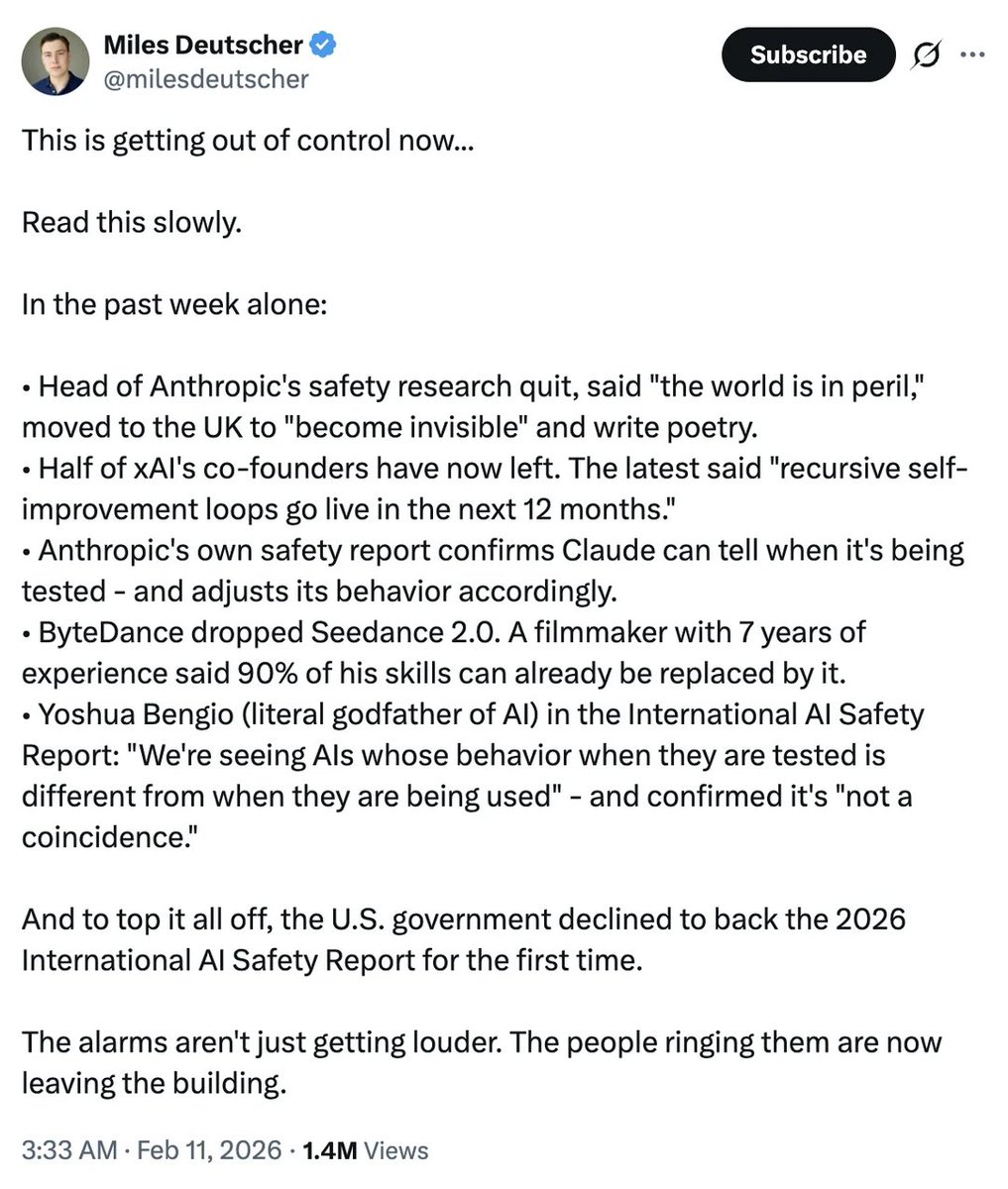 DeivStive's tweet photo. The AI world is getting wild.

Key safety researchers quitting, weird model behavior surfacing, and now governments stepping back from funding safety efforts.

Feels like we're heading into risky territory fast. https://t.co/oByDjt63sJ