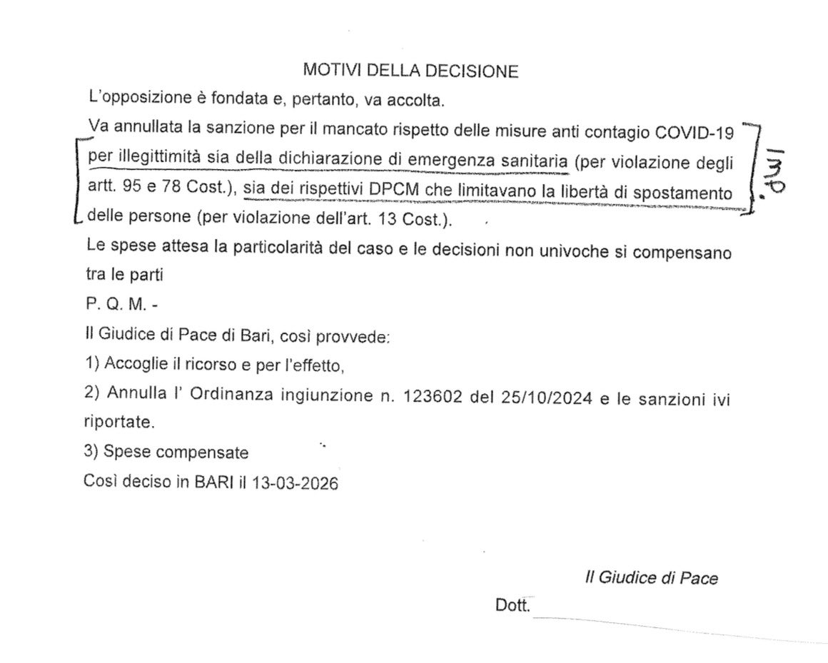 SENTENZA STORICA: Il Giudice di Pace di BARI dichiara incostituzionale sia la dichiarazione dello stato di emergenza Covid, che i DPCM che limitavano la libertà di spostamento dei cittadini! +++ A seguito del ricorso di un cittadino per mezzo dell'Avv. Emanuele FUSI