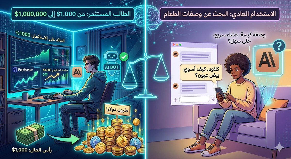 aoes442's tweet photo. قصة طالب حولت 1,000 دولار لمليون دولار باستخدام Claude وبوت استثمار آلي نفذ 44,000 عملية في منصة PolyMarket! 😨
بينما العالم في سباق لتوظيف الـ AI في الثروة، البعض لا يزال يستخدمه في أبسط المهام اليومية. المستقبل لمن يصنع الأدوات لا لمن يسألها فقط. ⚠️
(#Tadawul/#Nasdaq)، #تاسي #Ai #AIイラスト 
 "هل تتوقعون هذه الأدوات بتغير قواعد اللعبة في الأسهم قريباً؟" لزيادة الردود على التغريدة.