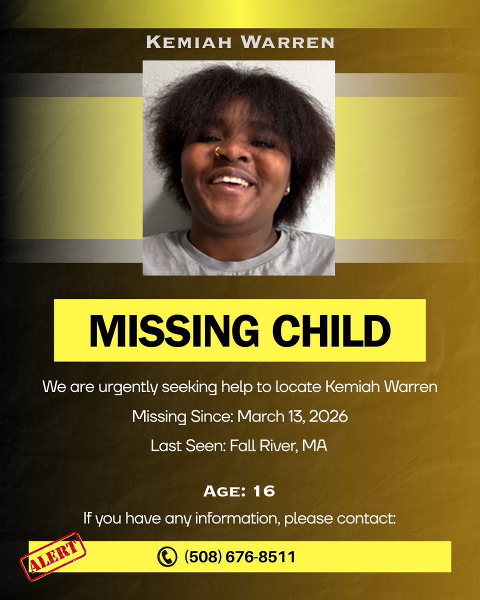 SistersInBiz's tweet image. Missing Child
3/13/26
Kemiah is 16 years old and her family needs her home
508-676-8511
Additional Information: buff.ly/rnDhiiQ
#FallRiver #MA #Massachusetts
#NewBedford #Taunton #Providence
#RI #Rhodeisland