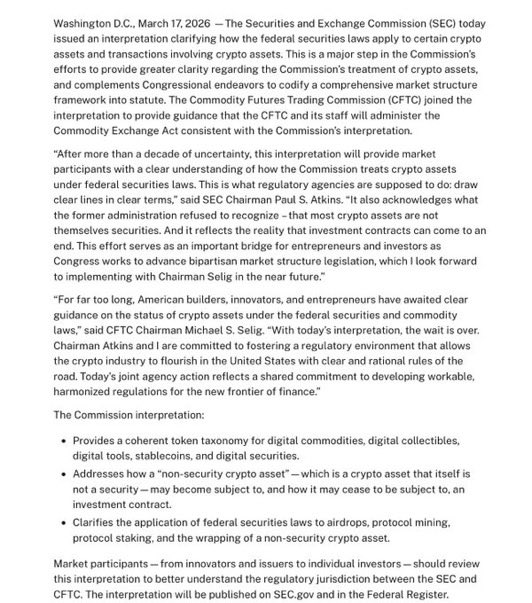 HealthyPocketUS's tweet photo. JUST IN: 🇺🇸 SEC issues new guidance confirming most crypto assets are not securities, clarifying rules for staking, mining, and airdrops 😎🔥 https://t.co/ibwmQRAEAn