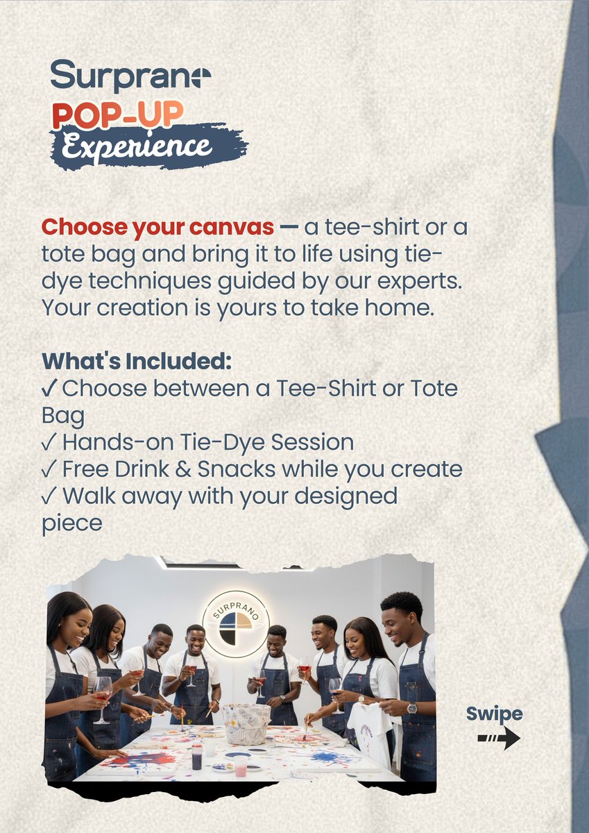 surpranoC's tweet photo. For the Surprano Sip &amp; Dye Workshop, at the surprano pop-up experience, you get to 

Tie-dye your own merch — tote bag or tee, your call

🍹 Sip free drinks while you create

🍿 Enjoy free snacks throughout

🎁 Leave with a piece YOU designed

₦45,000/ticket https://t.co/72Vd07tXWD