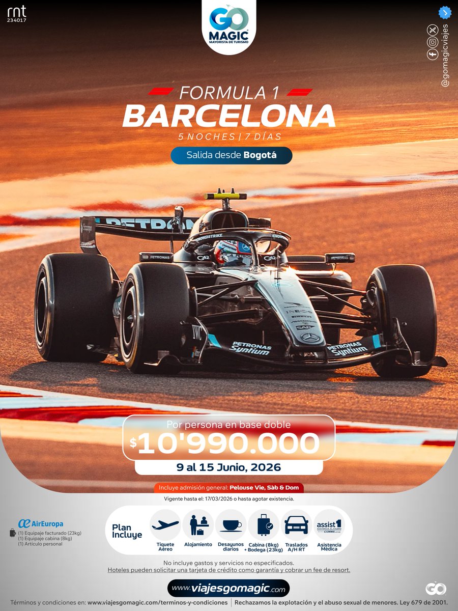 gomagicviajes's tweet photo. 🏎️🇪🇸 F1 Barcelona: semana de motorsport + ciudad brutal 🔥
✅ Admisión general (Vie/Sáb/Dom) | 📅 9–15 junio
📲 +57 321 487 1147
#GoMagicTravel #Colombia #F1 #BarcelonaGP #Formula1 #Barcelona
@AirEuropa
@F1 https://t.co/z6j3mFF3uY