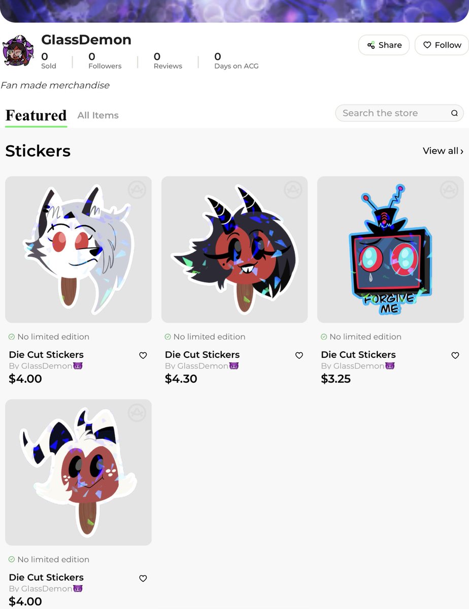 ✨💖I opened up a store please 🙏 check out ✨💖

retweet 🔁

More items coming soon ❓

#hazbinhotel #helluvaboss #vox #loona #Blitzø 

acggoods.com/store/glassdem…