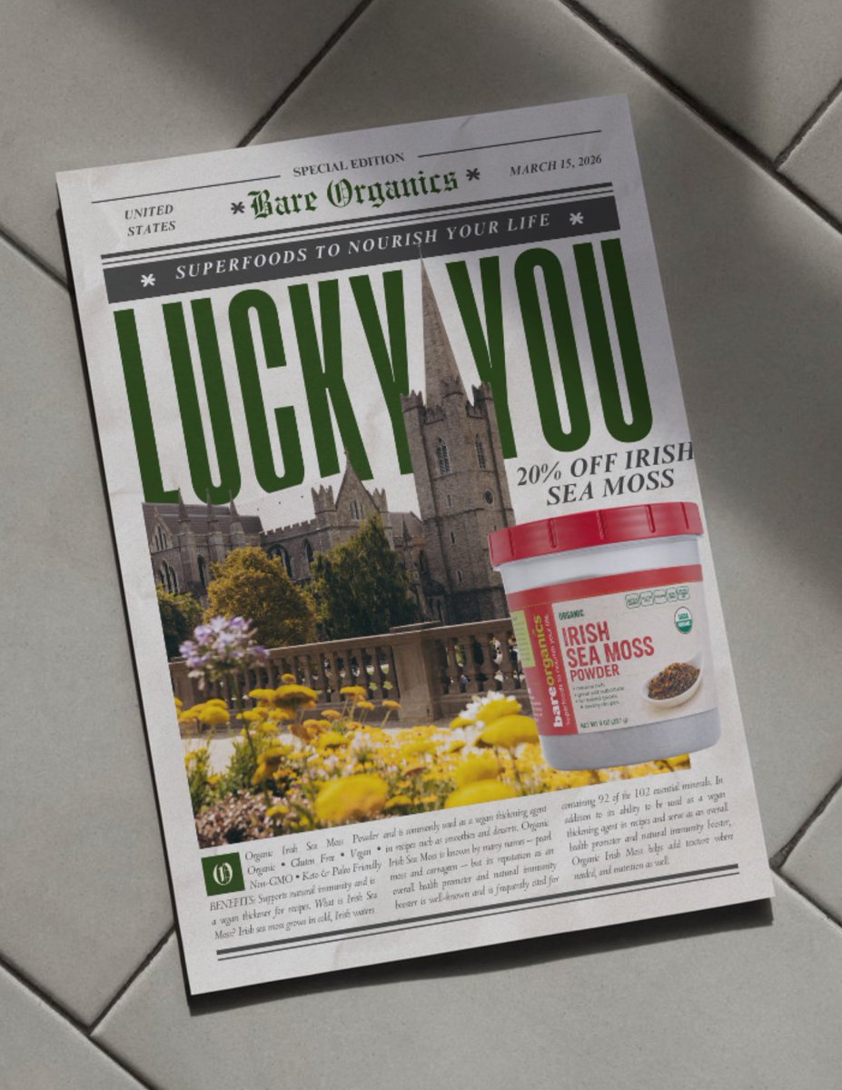 angieeverhart's tweet photo. Luck You 🍀 20% off my company @BareOrganicsCom Irish Sea Moss Powder today only. Happy St Patrick's Day! https://t.co/1HYlwXyiwg https://t.co/JzeGwkXowC