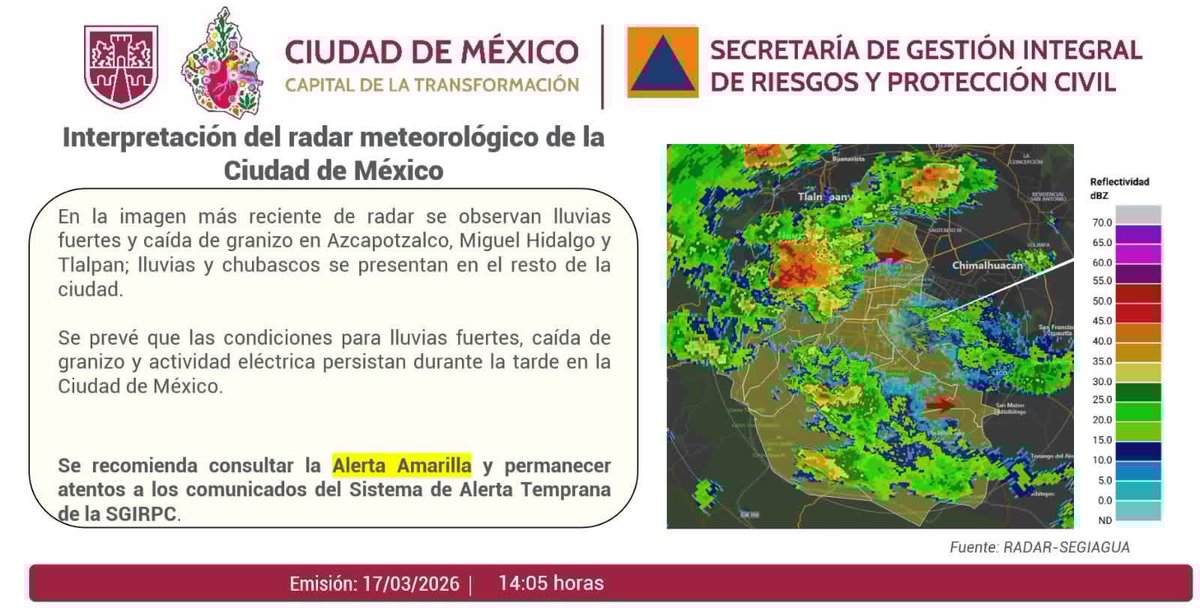 🚨 ALERTA POR LLUVIAS FUERTES EN AZCAPOTZALCO 🌧️
La Unidad de Gestión Integral de Riesgos y Protección Civil informa que, con base en el radar meteorológico, se registran lluvias fuertes con posible caída de granizo en Azcapotzalco, así como en zonas de la Ciudad de México.

Se