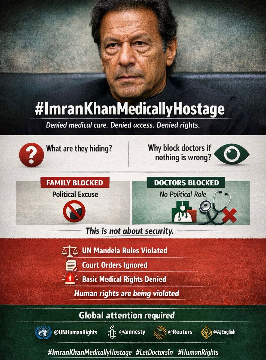 PTIOfficialCA's tweet image. If there’s nothing to hide, why the isolation? 

The situation around Imran Khan calls for urgent scrutiny from global human rights bodies.

#ImranKhanNotSafeInAdiala
