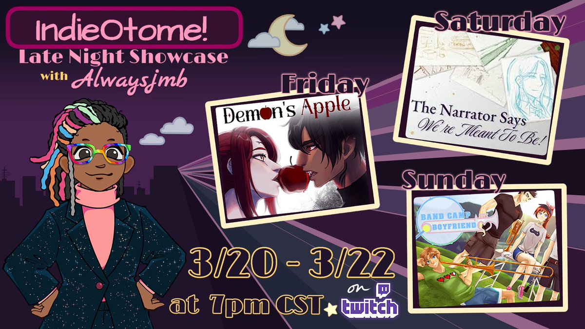 WorldIndieOtome's tweet photo. The IndieOtome! Late Night Showcase Lineup is Live!
You KNOW I was gonna hop on these gems!

Friday: Demon's Apple!
Saturday: The Narrator Says We We're Meant to Be!
Sunday: Band Camp Boyfriend!

A weekend of bangers awaits!
3/20-3/22 at 7pm CST
https://t.co/RfIdj1bNn1 https://t.co/qmtdEANd8b