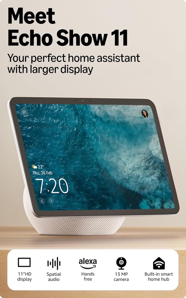Jerryjain141414's tweet photo. Home or Gallery? 🖼️✨

The Echo Show 11 is pure architectural tech. Its 11" Full-HD display feels like decor, while Omnisense tech automates your life silently. Peak calm tech.
​📉 Deal: ₹26,999
🔊 Spatial Audio
🔗 Link: https://t.co/1VAP892g3M
.
​#SmartHome #EchoShow #Ad https://t.co/pqDSaI3Ujp