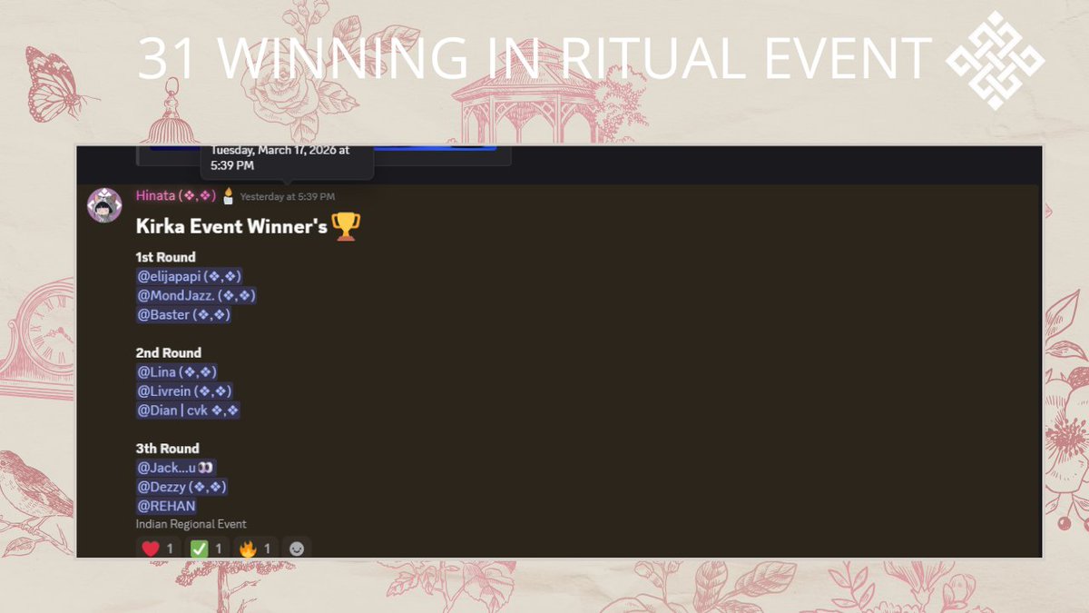 Amazingly, this was my 31st time participating in an event on the <a href="/ritualnet/">Ritual</a> Discord, and it was still just as exciting as the first time.

I was hoping to win first place again in Kirka, but this time I had to settle for third place.

It was a bit disappointing, but honestly, it