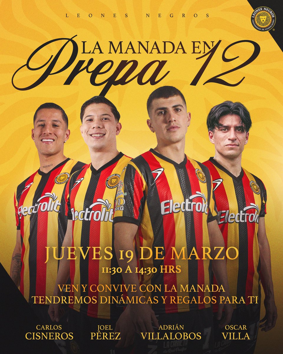 LeonesNegrosCF's tweet photo. ¡Allá va la #RutaMelenuda 🗺️🦁, #Prepa12 @sems_udg! 📌🇧🇪
Nos vemos este 🗓️ JUEVES 🗓️ preparándonos para el #DomingoDeLeones con fotos, autógrafos dinámicas, regalos y mucho más 🙌🎊 https://t.co/YwohNnIHRK