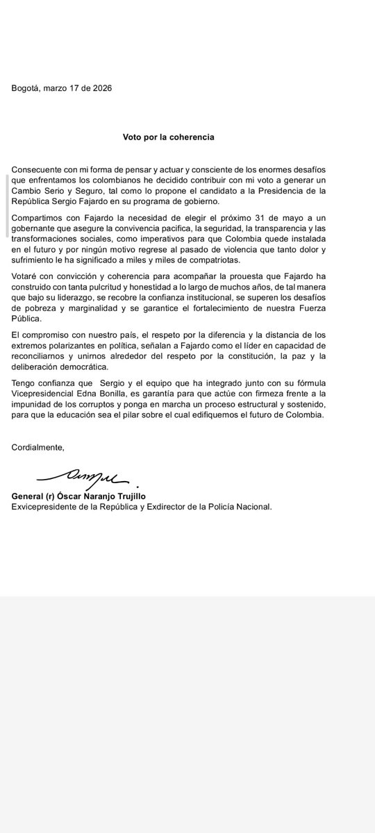 #PRIMICIA #ElGranReto2026| El exvicepresidente y exdirector de la Policía, Óscar Naranjo, confirmó en una carta conocida por Caracol Radio que votará por Sergio Fajardo en las elecciones presidenciales. “Consciente de los enormes desafíos del país, he decidido contribuir con mi