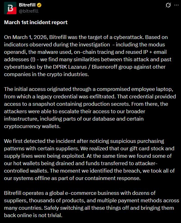 RoundtableSpace's tweet image. BITREFILL SUFFERS MAJOR CYBERATTACK WITH 18,500 RECORDS EXPOSED AND FUNDS DRAINED, LAZARUS GROUP SUSPECTED