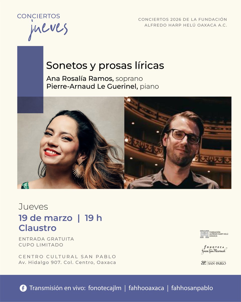 FonotecaJLM's tweet photo. Esta semana:
La Fonoteca te invita al concierto de Ana Rosalía Ramos y Pierre-Arnaud Le Guerinel.
Jueves 19 de marzo a las 19h en el claustro del @fahho_sanpablo 
@FundacionAHHO 

ENTRADA LIBRE
CUPO LIMITADO https://t.co/MQc3Riu5iE
