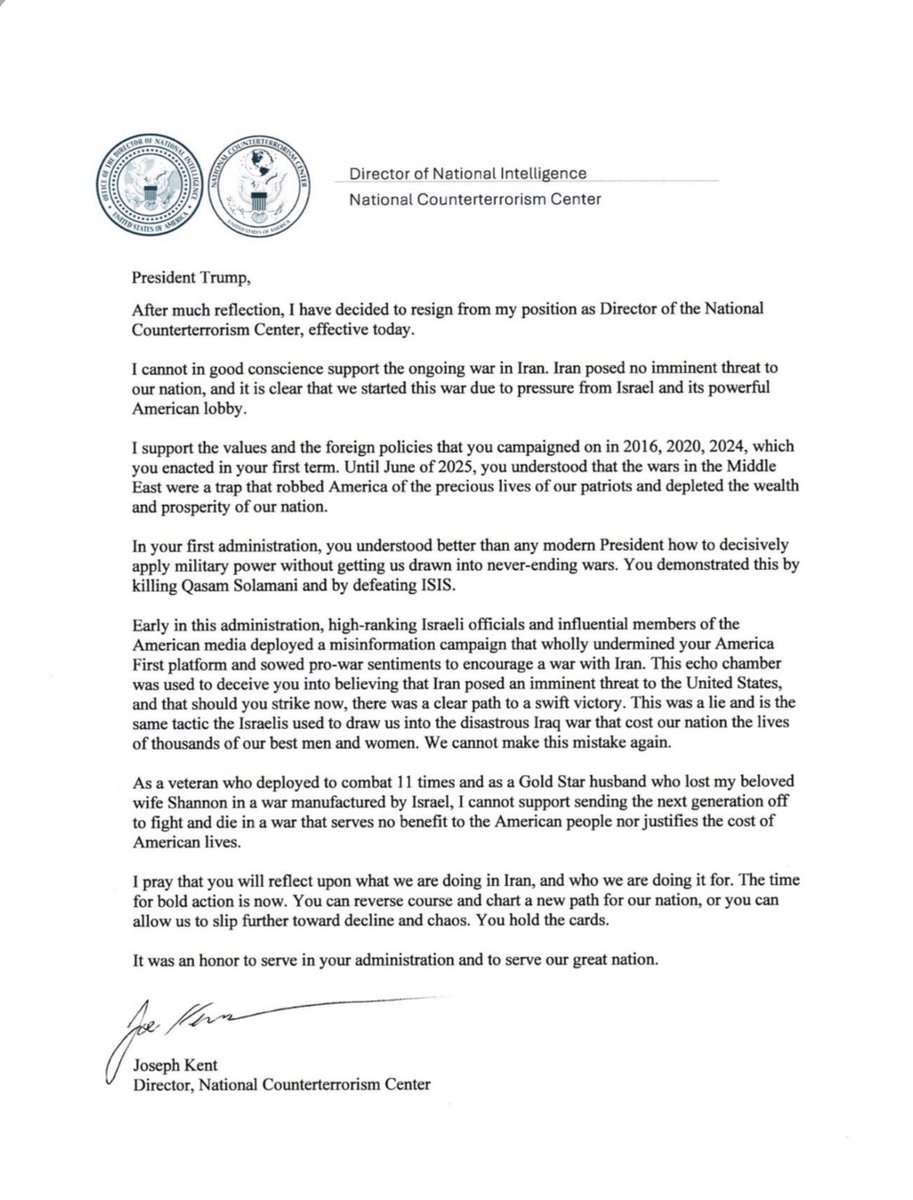 imelizabethlane's tweet photo. Joe Kent, Director of national intelligence resigned! 
Says we are controlled by outside forces. Here’s the letter. Respect to Joe! https://t.co/1GAD9AaxOF