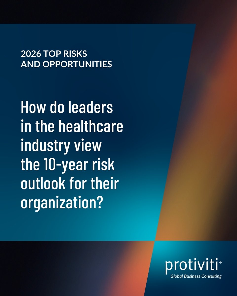 Protiviti's tweet image. The next few years are critical for the healthcare industry. Protiviti urges leaders to act now—mitigate risk, accelerate transformation, and build sustainable, long‑term growth. bit.ly/3NCdxzB #Protiviti #TopRisks #2026RisksAndOpportunities #KnowRiskKnowReward