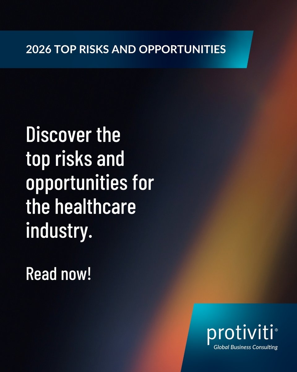 Protiviti's tweet image. The next few years are critical for the healthcare industry. Protiviti urges leaders to act now—mitigate risk, accelerate transformation, and build sustainable, long‑term growth. bit.ly/3NCdxzB #Protiviti #TopRisks #2026RisksAndOpportunities #KnowRiskKnowReward