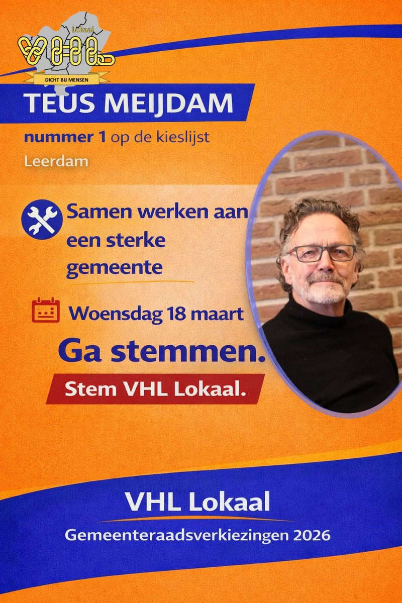 Teus Meijdam: ervaren, betrokken en dichtbij de mensen 💙🧡

Samen werken aan een sterke gemeente 🤝

🗳️ 18 maart
Ga stemmen. Stem VHL Lokaal.

#VHLlokaal #vijfheerenlanden #stemmen