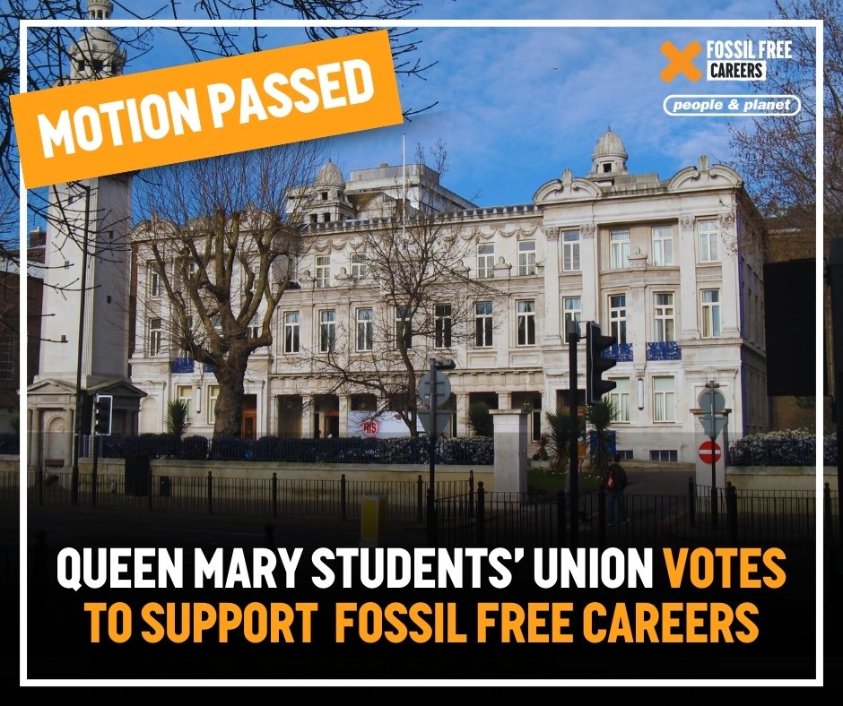 peopleandplanet's tweet photo. 💥 HUGE WIN!! 

Queen Mary Students' Union will now be implementing a ban fossil fuel, mining and arms companies from advertising at SU events and will campaign for the university to adopt an ethical careers policy! 

✊ This is what student power looks like! https://t.co/qkVYNCDDgA
