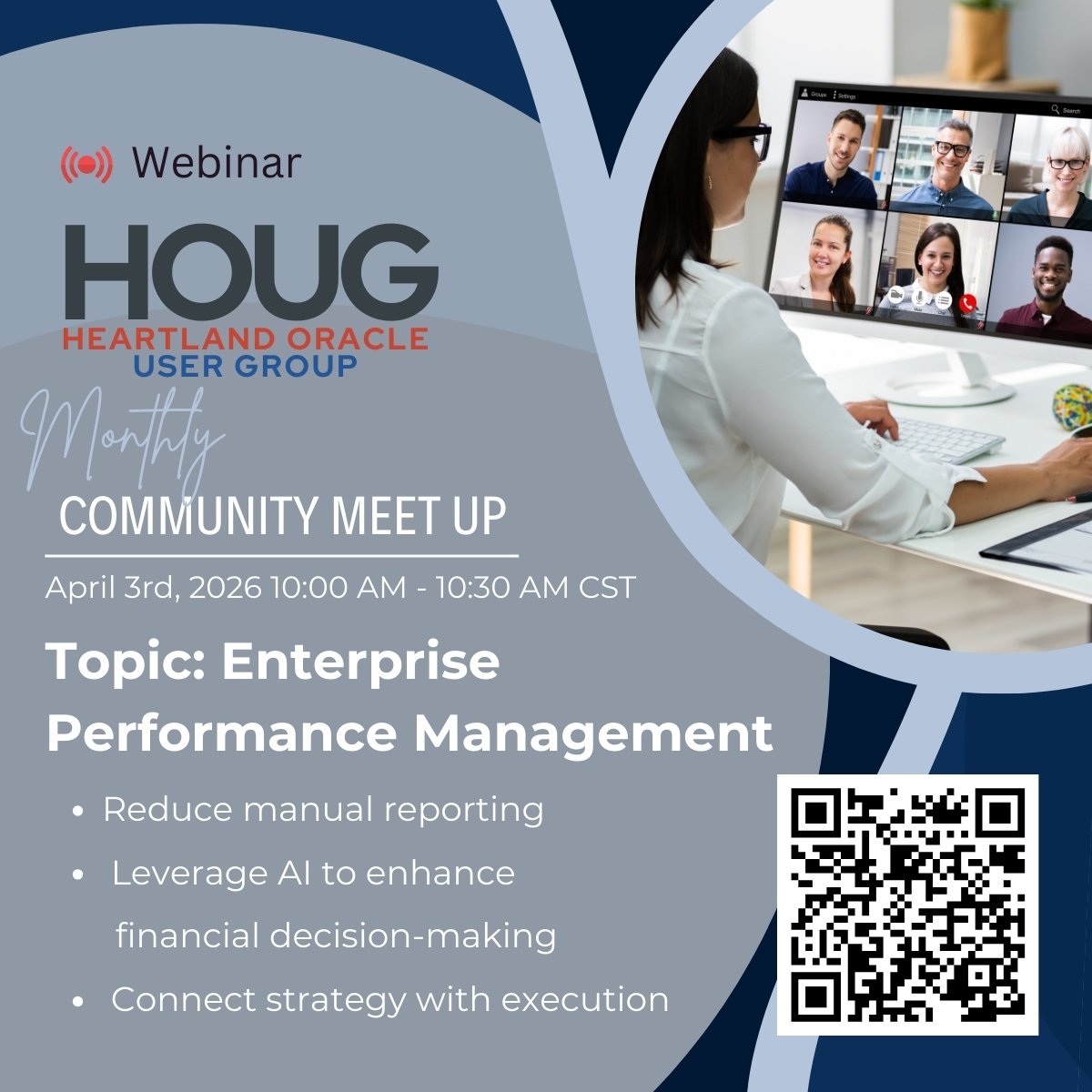 Join the Heartland Oracle User Group Monthly Community Meetup!

This month’s topic: EPM + AI

Learn how organizations are improving planning, forecasting, and financial decision-making.

📅 April 1
⏰ 10 AM CT

Register 👇
hubs.ly/Q046ZTWx0

#HOUG #Oracle #EPM