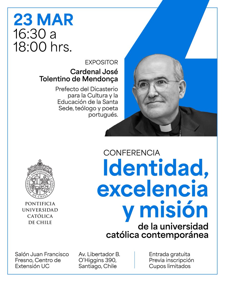 ucatolica's tweet image. #UC | El cardenal José Tolentino de Mendonça visitará la UC este 23 de marzo para dictar la conferencia “Identidad, excelencia y misión de la universidad católica contemporánea”.

Una invitación a reflexionar sobre el rol de la educación superior en el diálogo entre fe, cultura y