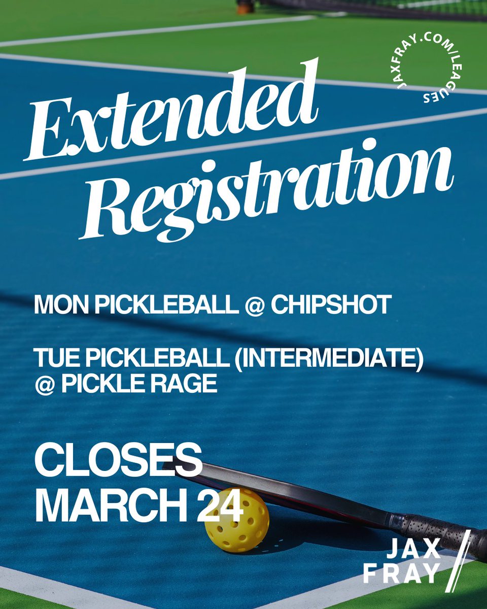 JaxFray's tweet photo. Good news for all last-minute planners and the "I'll sign up later"-crowd...the registration deadline for Monday Pickleball at @playchipshot  and Tuesday Intermediate Pickleball at @Pickle_Rage has been extended to March 24th! 🥒 🥎

➡️ Register today at https://t.co/w9ssf35u8N https://t.co/O5MbivpnxS