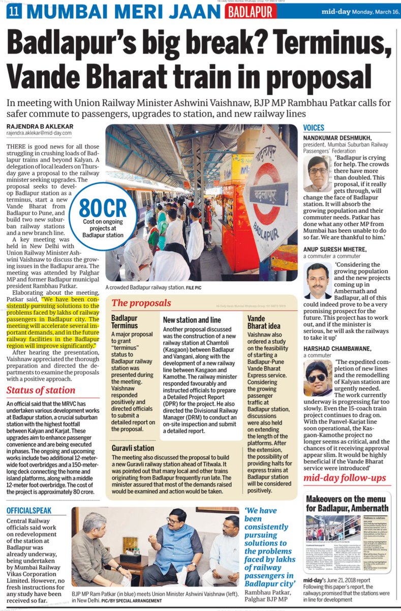 Developing Badlapur station as a terminus, starting a new Vande Bharat from Badlapur to Pune, two new suburban railway stations and a new branch line. A delegation of local leaders last week gave an interesting proposal to Railway Minister seeking upgrades beyond Kalyan with the