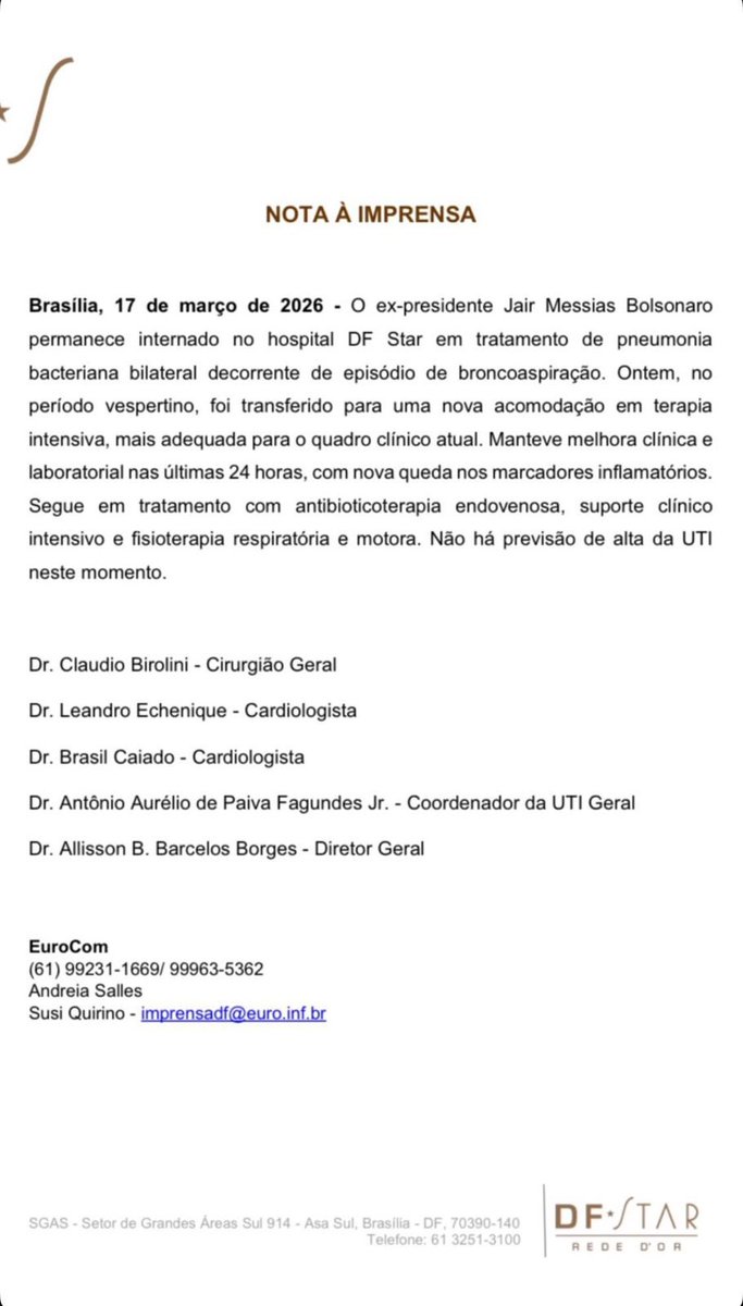 lordivan22's tweet photo. Brasil 🇧🇷: Boletim sobre o estado de saúde do ex-presidente Jair Bolsonaro publicado nesta terça (17) https://t.co/xVHyhoWMVj