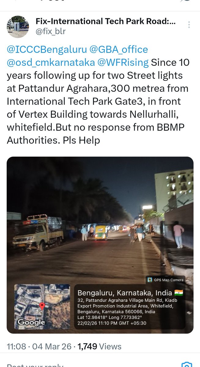 fix_blr's tweet photo. @CMofKarnataka @DKShivakumar @osd_cmkarnataka @BangaloreMirror  Respected CM we have been following up for 2 Street Lights @ Prime Location 300m from Gate3 Entrance International Tech Park,Whitefield, we r not asking for imax Lights as in pic,we are asking normal Light for safety https://t.co/Q9JkksTDmz