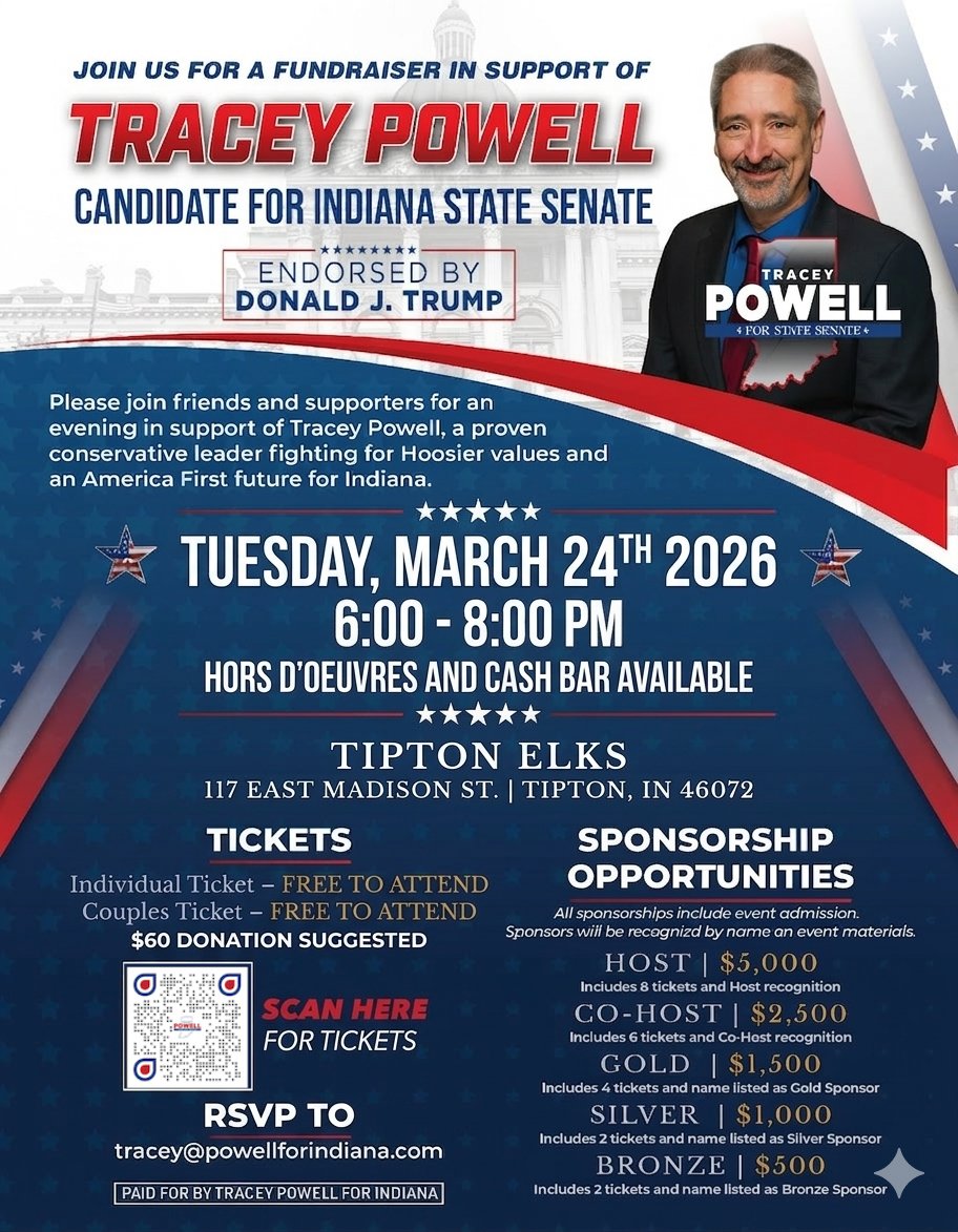 PowellforIN's tweet photo. Join us on March 24th for an evening supporting Tracey Powell for Indiana State Senate! ๐ Enjoy hors d'oeuvres, a cash bar, and connect with fellow conservatives.
Free entry, $60 donation suggested. RSVP: tracey@powellforindiana.com
#Indiana #TraceyPowell #ConservativeValues https://t.co/BIy24usObr
