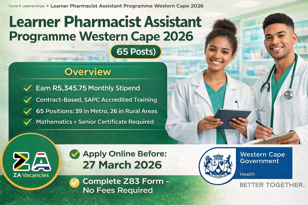 MzansiJobswall's tweet image. 65 Learner Pharmacist Assistant posts open!

R5,345 stipend
SAPC training
Western Cape
Closing 27 March 2026

Apply now below

scubedonline.co.za/recruitment_wc…

#Learnerships #JobsSA #HealthcareJobs #ZAVacancies