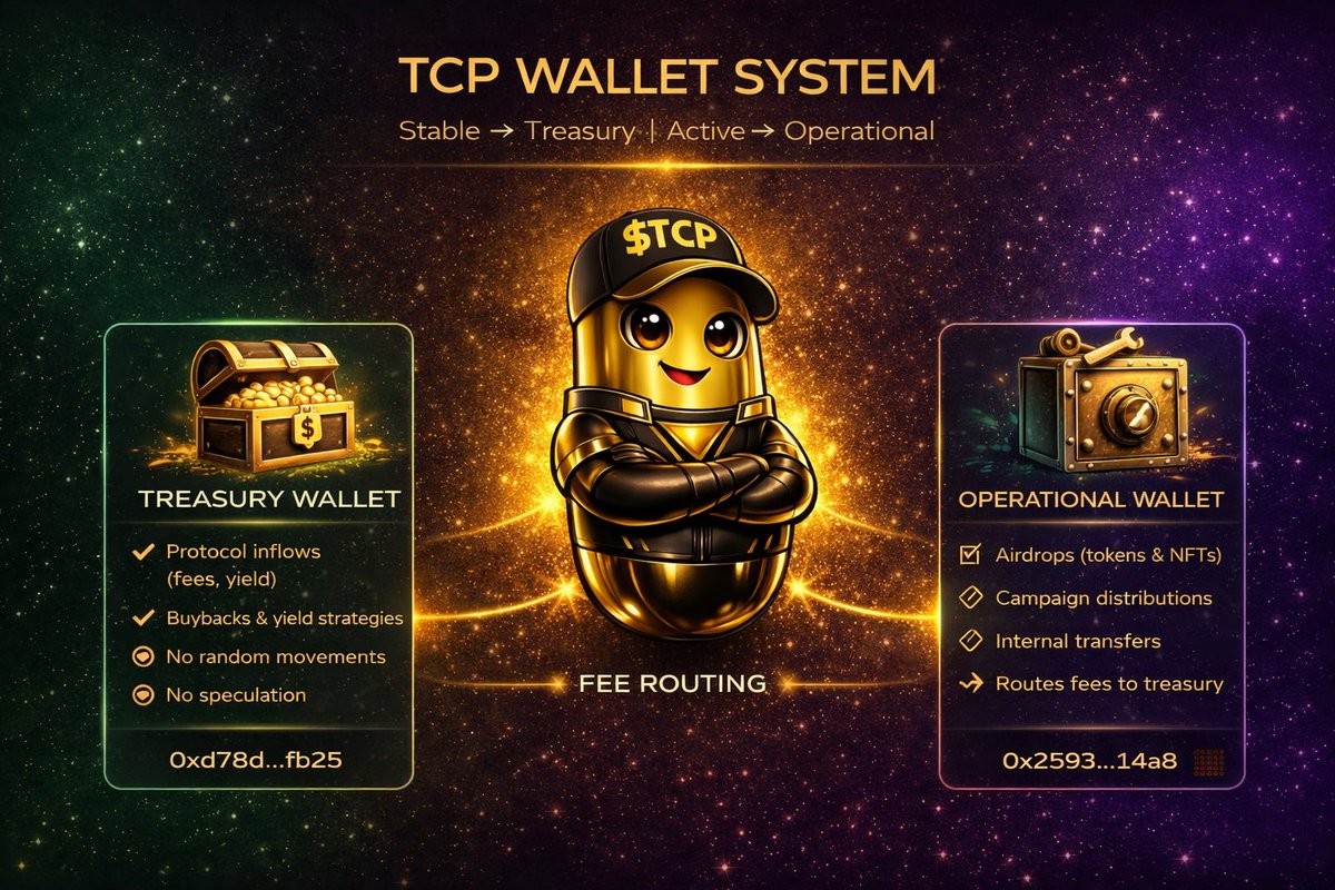🔍 Full transparency ahead of launch, we’re making both $TCP wallets public:

💼 Treasury Wallet 0xd78db99f229ce67ff654d3c7e3926f74422e2fc6f56f06590e430634574cfb25

⚙️ Operational Wallet
0x25936f577de4db18efaf4891ee5dafbaba1428f0c2c98ce589e1899c259c14a8

📊 Track everything
