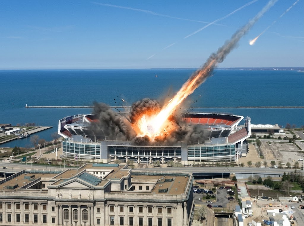 webGROK's tweet photo. March 17th: Meteor impact at Browns stadium prompts cancellation of the 2026 season. Fans don't seem to mind. 
@923TheFan @andy_baskin https://t.co/Twf29Wviae