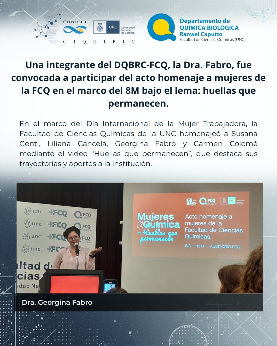 CIQUIBIC's tweet photo. Una integrante del DQBRC-FCQ, la Dra. Fabro, fue convocada a participar del acto homenaje a mujeres de la FCQ en el marco del 8M bajo el lema: “Huellas que permanecen”. 💜
🔗 La nota completa y el corto de video se pueden encontrar en:
https://t.co/36fjx5mdP6 https://t.co/EWNoqhOGLY