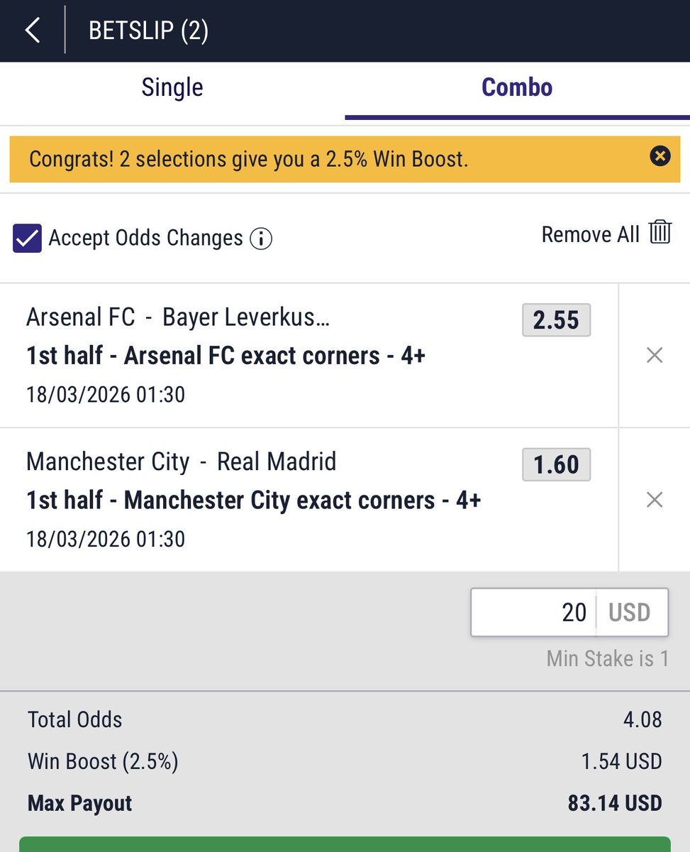 🔥🔥🔥🔥Let’s Gooooooo

⛳️4+ HT Corner match bet 

▶️Booking code: B5225412

🛑Gamble responsibly
