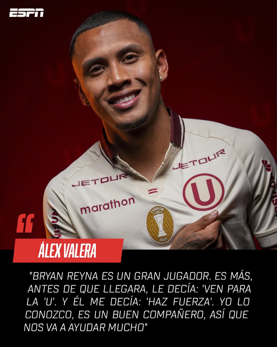 ESPNPeru's tweet photo. "VAMOS A HACER QUE BRYAN REYNA LLEGUE AL NIVEL QUE SIEMPRE HA TENIDO"

Álex Valera habló sobre el último refuerzo de Universitario y reiteró su deseo de conseguir la cuarta estrella consecutiva en la #Liga1.

🎙️ RPP https://t.co/lcnSV8tc5v