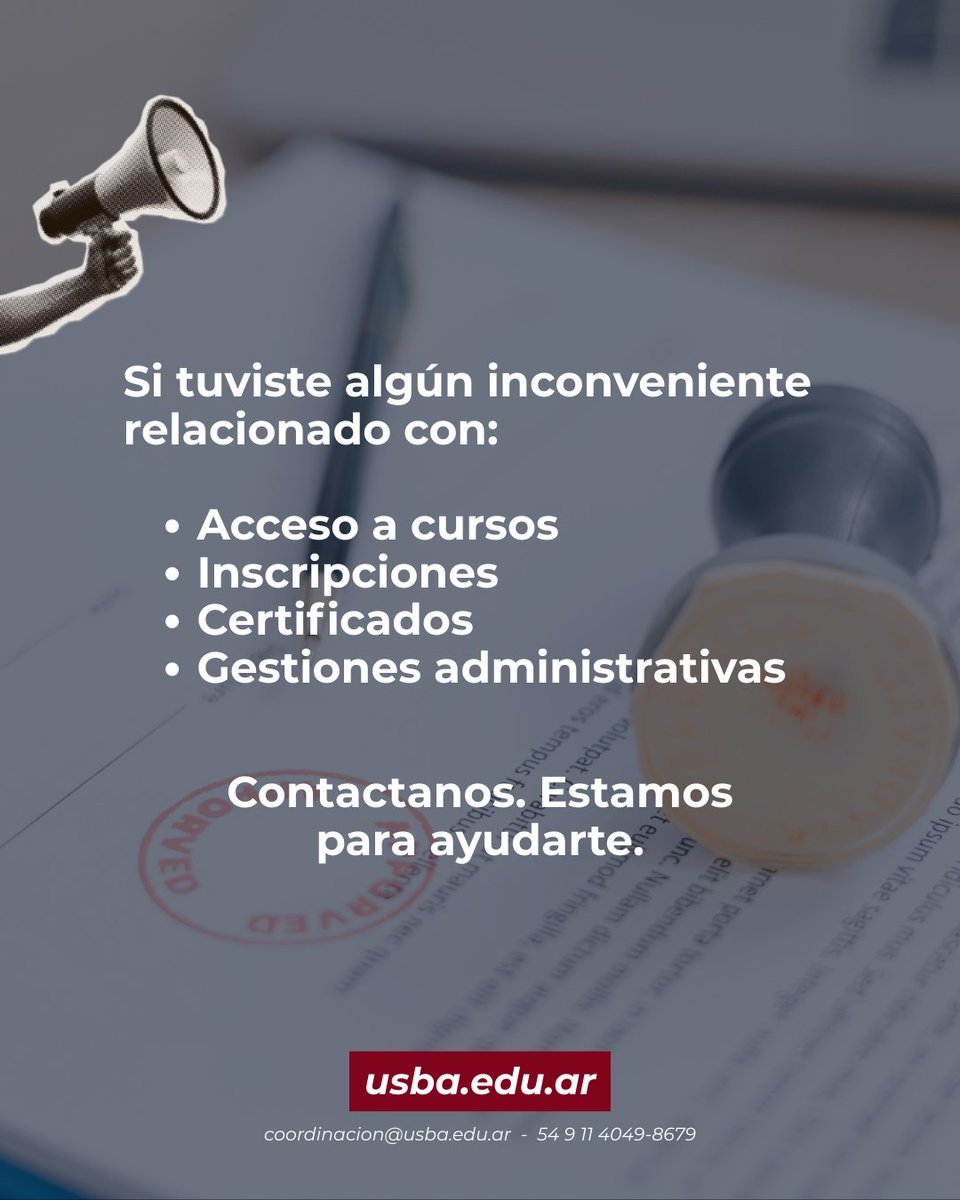 UsbaEducacion's tweet photo. Si tenés consultas o necesitás realizar gestiones administrativas, podés comunicarte con la Universidad del Sur de Buenos Aires.

📩 Escribinos a: coordinacion@usba.edu.ar
Asunto: Gestión administrativa – Nombre y apellido

Nuestro equipo dará seguimiento a cada caso. https://t.co/r9cEk8P2m1