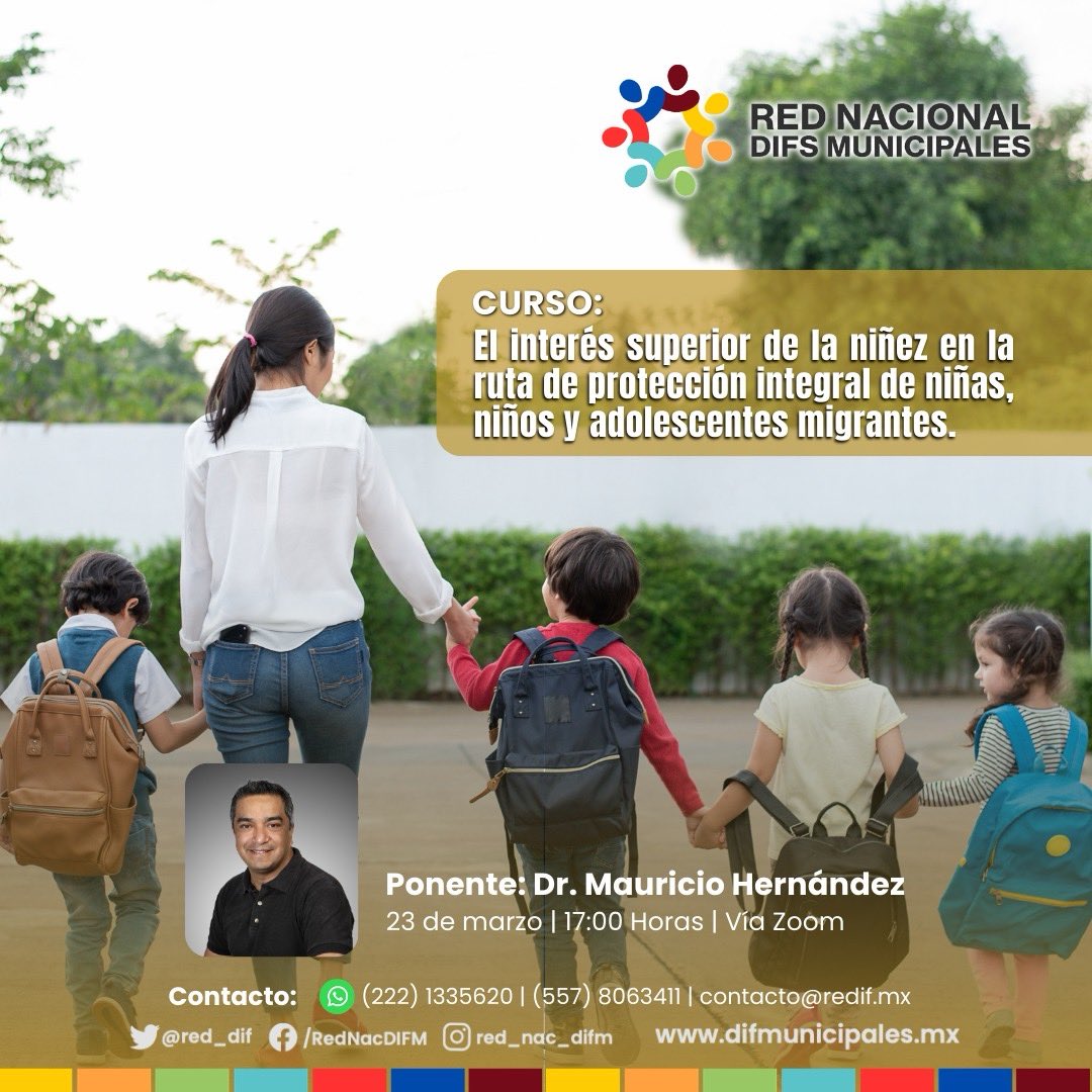 red_dif's tweet photo. Te invitamos al curso sobre el interés superior de la niñez en la protección de niñas, niños y adolescentes migrantes.
👨‍🏫 Dr. Mauricio Hernández
📅 23 de marzo | ⏰ 17:00 h | 💻 Zoom

Atte: Monserrat Arroyo, Pdta. del DIF Municipal del Salto Jalisco y de la #RedNacionalDIFMpales https://t.co/RXGQX9CSI7