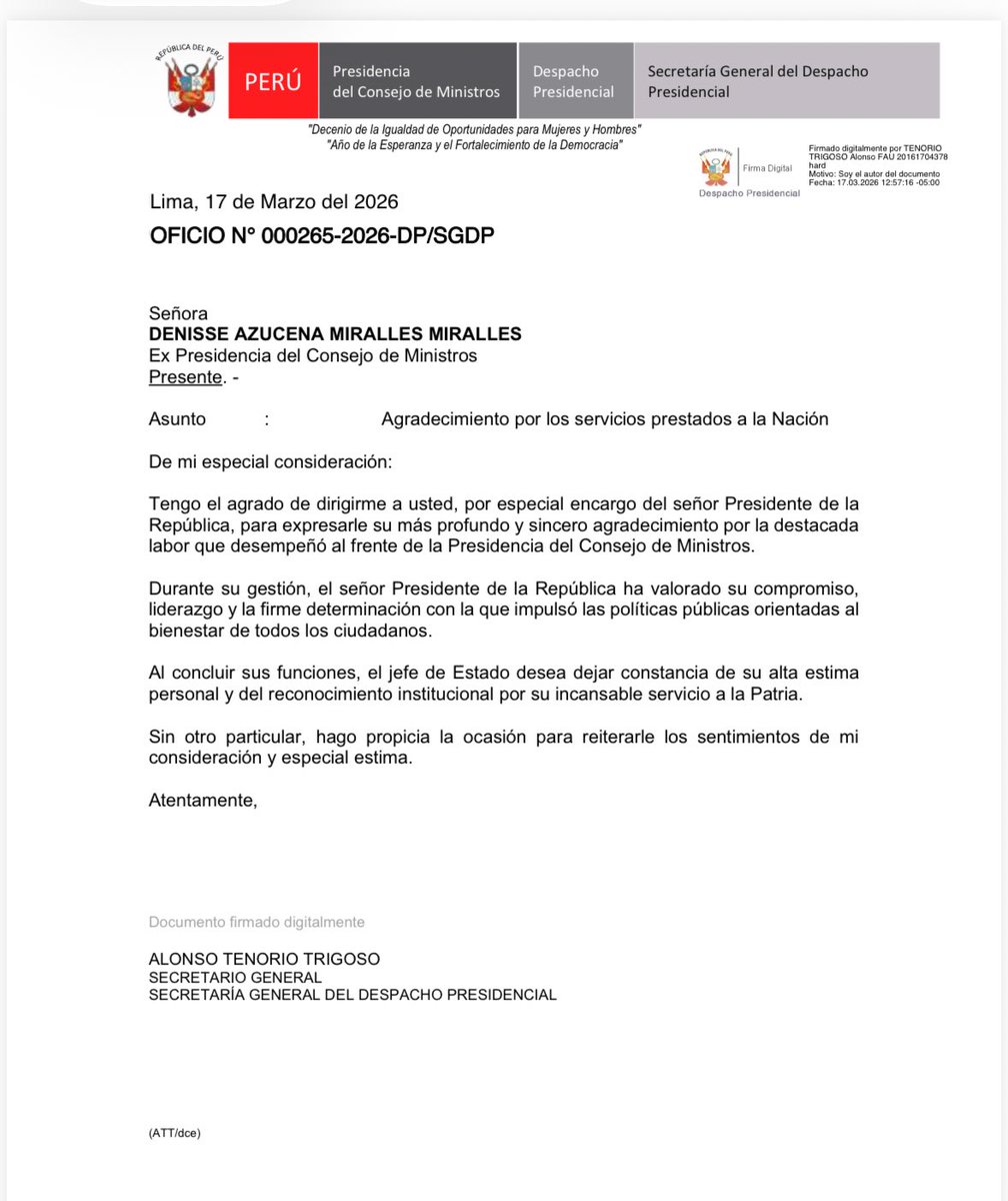 A las 12 conversaron y una hora después, se envía oficio desde Despacho presidencial a Denisse Miralles para agradecerle por sus servicios como PCM. 

La decisión ya estaba tomada. Incluso desde conferencia con ministro del Interior.
