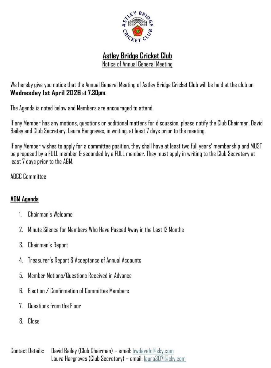 astleybridgecc1's tweet photo. 📣AGM Notification📣

Astley Bridge Cricket Club invites members to attend our Annual General Meeting on Wednesday 1st April 2026 at 7:30pm at Sharples Park.

Please find full details below https://t.co/FueE6HOb9J