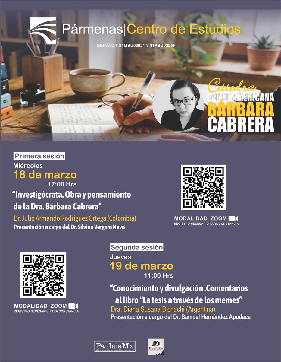 PaideiaMx's tweet photo. Nos complace extenderle una cordial invitación a la  Cátedra Latinoamericana Dra. Bárbara Cabrera edición 2026

📅 Fecha: Miércoles 18 de marzo de 2026 🕕 Hora: 17:00 hrs (CDMX) 💻 Modalidad: Virtual vía ZOOM 🔗 Registro necesario para constancia:https://t.co/2jz8yXLitb https://t.co/bYmnM1U4DS