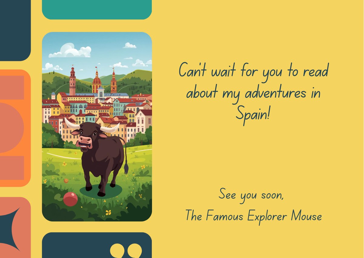 explorer_mouse's tweet photo. “I have arrived in Spain! The people are kind, the scenery is amazing, but the bull was quite scary!
I can’t wait for you to read this adventure”

- The Famous Explorer Mouse🗺️

#ChildrensBook #PB #KidLit  #Storytime #ReadAloud #BookTwitter https://t.co/CMvp4JSyKc