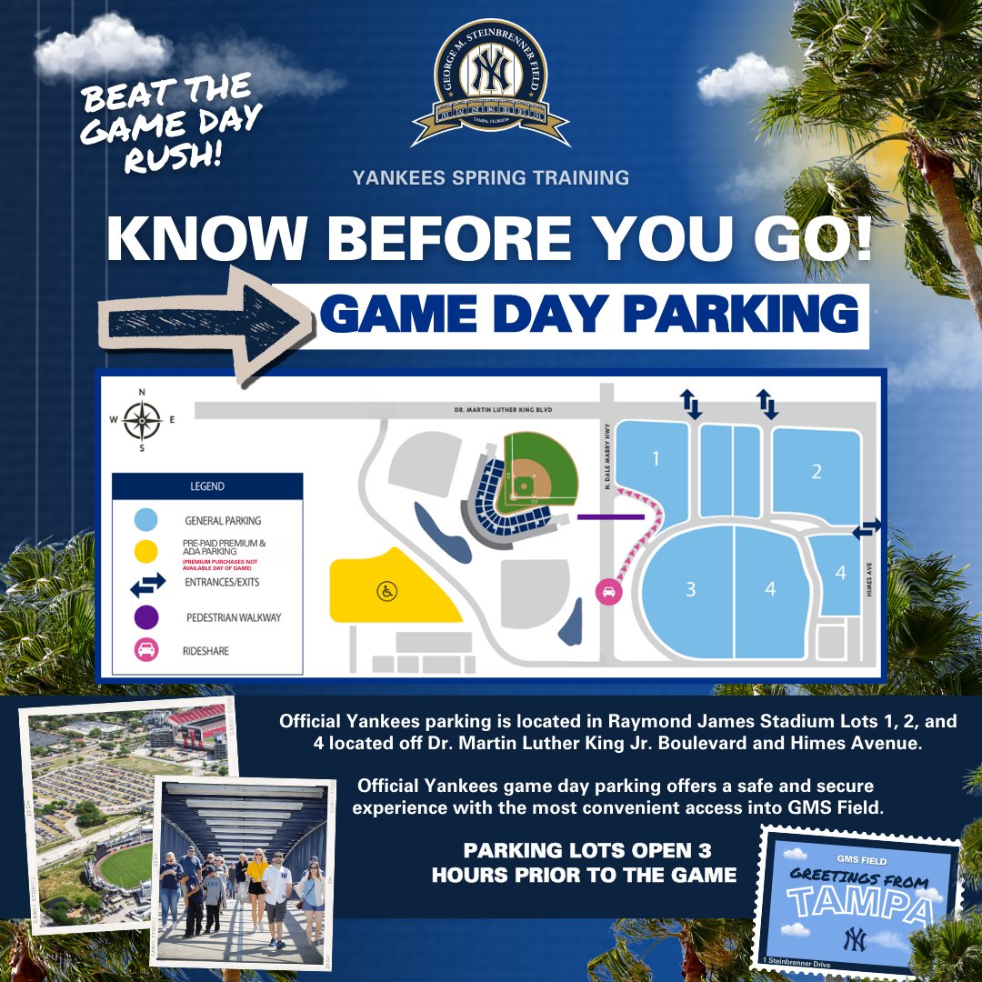 GMSField's tweet photo. It's Game Day ⚾️ Know Before You Go!
🚘Here’s where to park!
#yankeesspringtraining https://t.co/l5OIwVfE2H