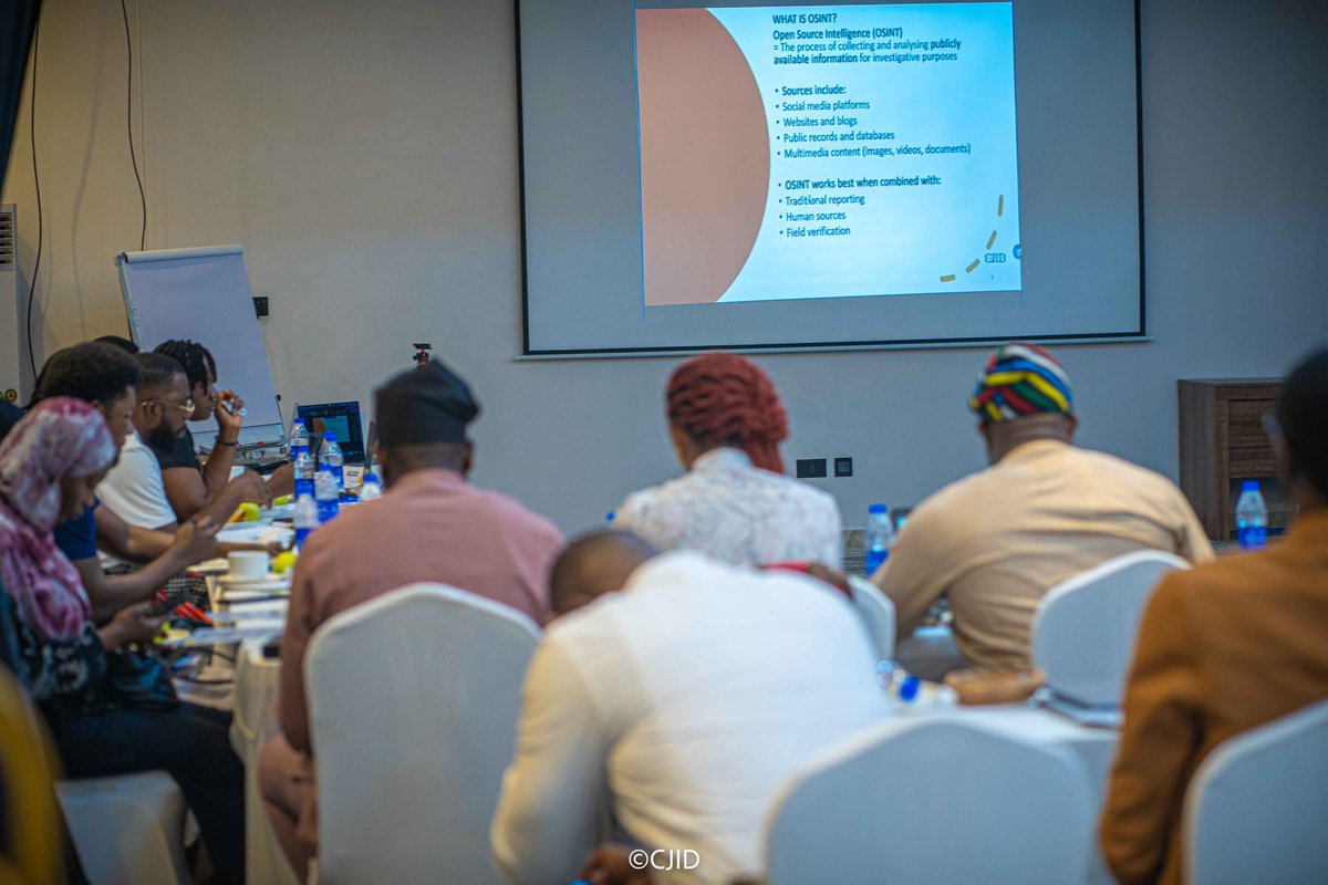 CJIDAfrica's tweet photo. In the session on modern investigative methods and tools, Silas Jonathan (@Silas2Silas) highlighted how journalists can use digital tools to collect and verify data across multiple platforms to corroborate information, trace patterns, follow conversations, and even uncover trails behind suspicious activities.

Speaking on the fundamentals of solutions journalism, Mojeed Alabi (@Musikilu), said that Positive stories are everywhere around us, but they rarely get the attention they deserve thereby widening the gap between the issues that be and the needed actions to resolve them.

To wrap up the day’s engagement, Dapo Olorunyomi (@DapsyOly), stated that at its core, storytelling is a structure — a deliberate way of connecting the writer and the audience, and in the process building understanding, and creating empathy. According to him, this turns information into something we can feel, something we can relate to, and something that can inspire change.

Join us tomorrow for more updates from the workshop.📌

#InvestigativeJournalism #CapacityBuilding
#NewsroomSustainabilty #HumanRightsReporting