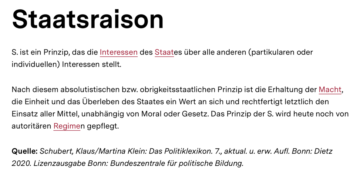 Klasikoa_'s tweet photo. Mich wundert ja, dass dieser Klassiker immer noch online ist

Staatsraison [...] "rechtfertigt letztlich den Einsatz aller Mittel, unabhängig von Moral oder Gesetz. Das Prinzip der S[taatsraison] wird heute noch von autoritären Regimen gepflegt." https://t.co/qY3CYjo2mJ