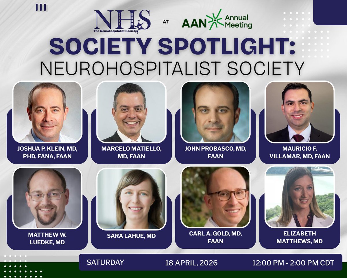 Neurohosp's tweet photo. NHS will be featured in a Society Spotlight session at @AANmember 2026. Join us for talks on the evolving role of neurohospitalists, fellowship training, delirium care, and more.

See the full program and other neurohospitalist sessions: https://t.co/VV1ttoIQjB

#AAN2026 https://t.co/m5WFDHr2am